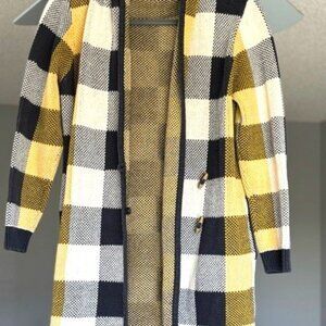 Cabi Yellow Black Plaid Sweater Coat Casual Fall Medium